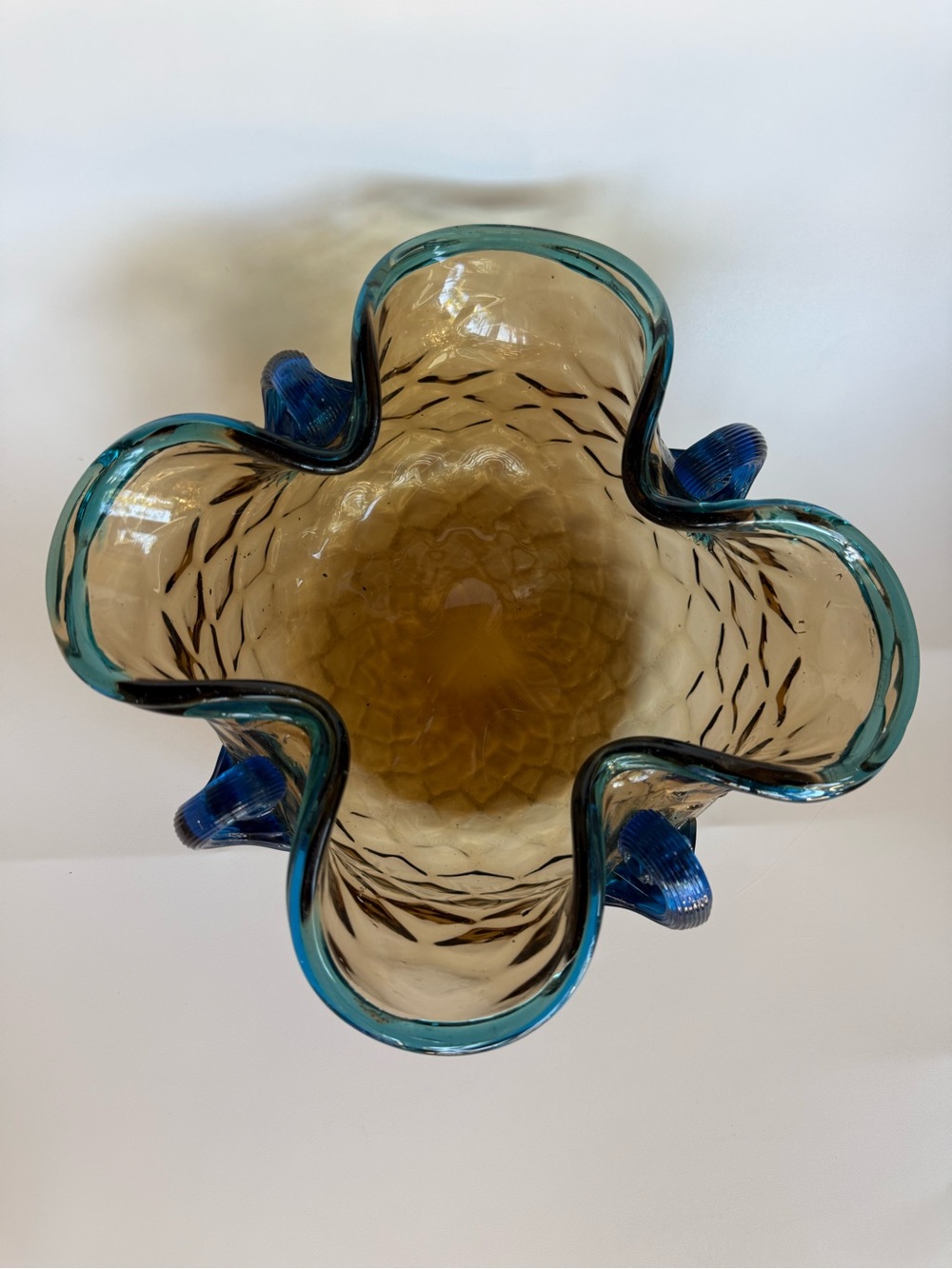 Antique Stevens & Williams S&W Amber Blue Art Glass Ruffled Bowl 8.5”